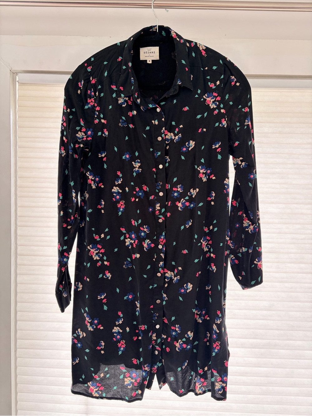Sezane Black Floral Button-Front Shirt Dress with Pink and Blue Accents